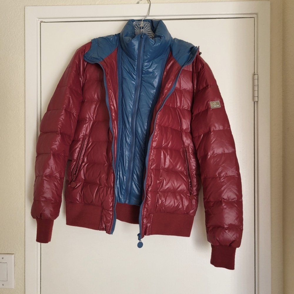 Yes Zee Down Puffer Jacket Medium Hood Red Blue Italy